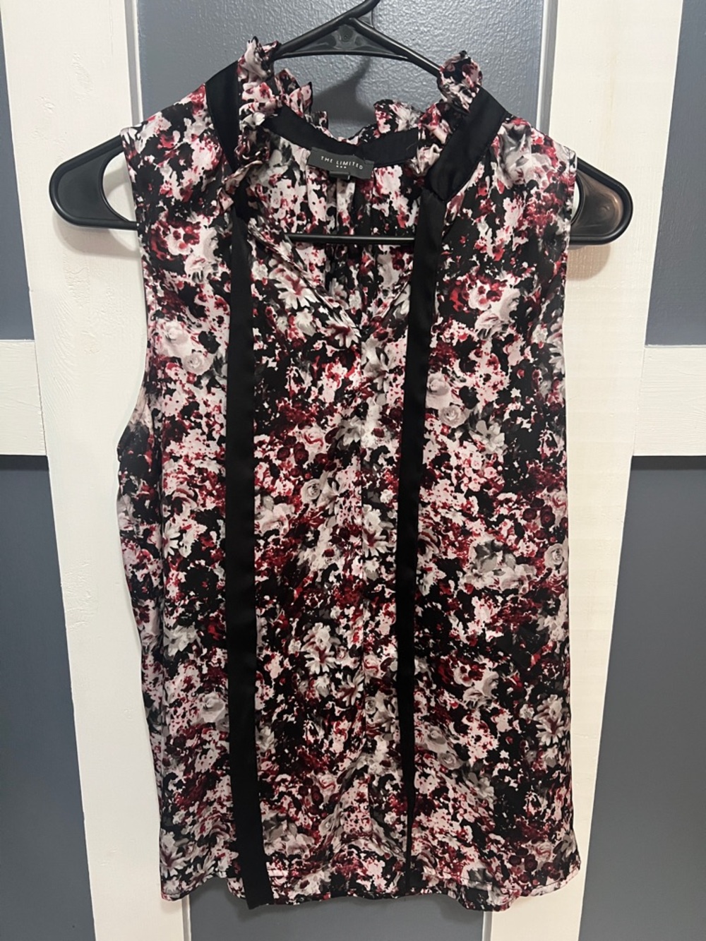 The Limited Floral Sleeveless Ruffle Neck Top - Black & Burgundy